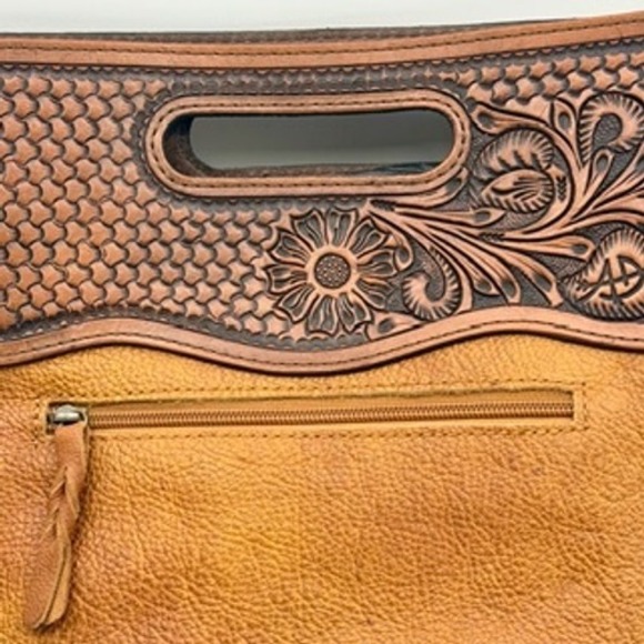 American Darling Tooled Leather Hair on Hide Gold Fringe Crossbody Bag Brown - Picture 7 of 11